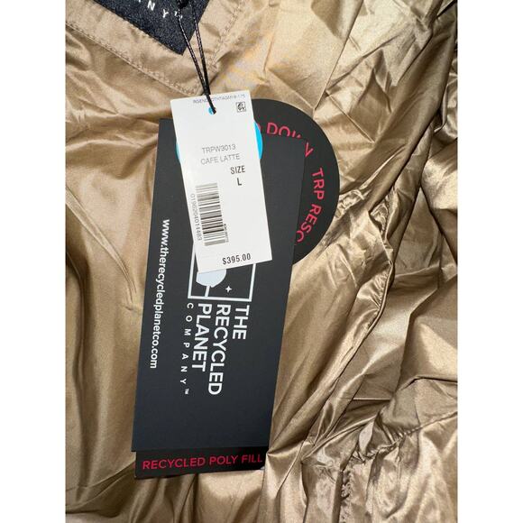 The Recycled Planet faux fur trim hooded downjacket belted brown puffer coat LG - Picture 11 of 11